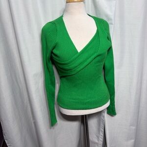 Kelly Green Ribbed Surplice V-Neck Long Sleeve Sweater Top Knit Pullover Medium
